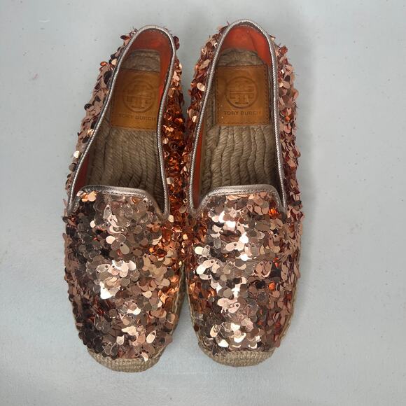 Tory Burch Rose Gold Metallic Sequin Mischa Espadrille Flats Size 6 - Picture 6 of 10